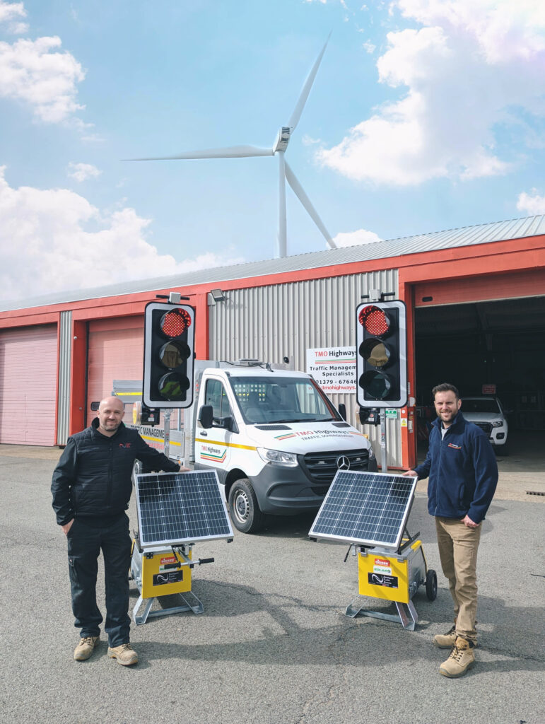 Solar powered traffic lights by TMO Highways used on a site in Norfolk. Photo taken from our Suffolk Depot.